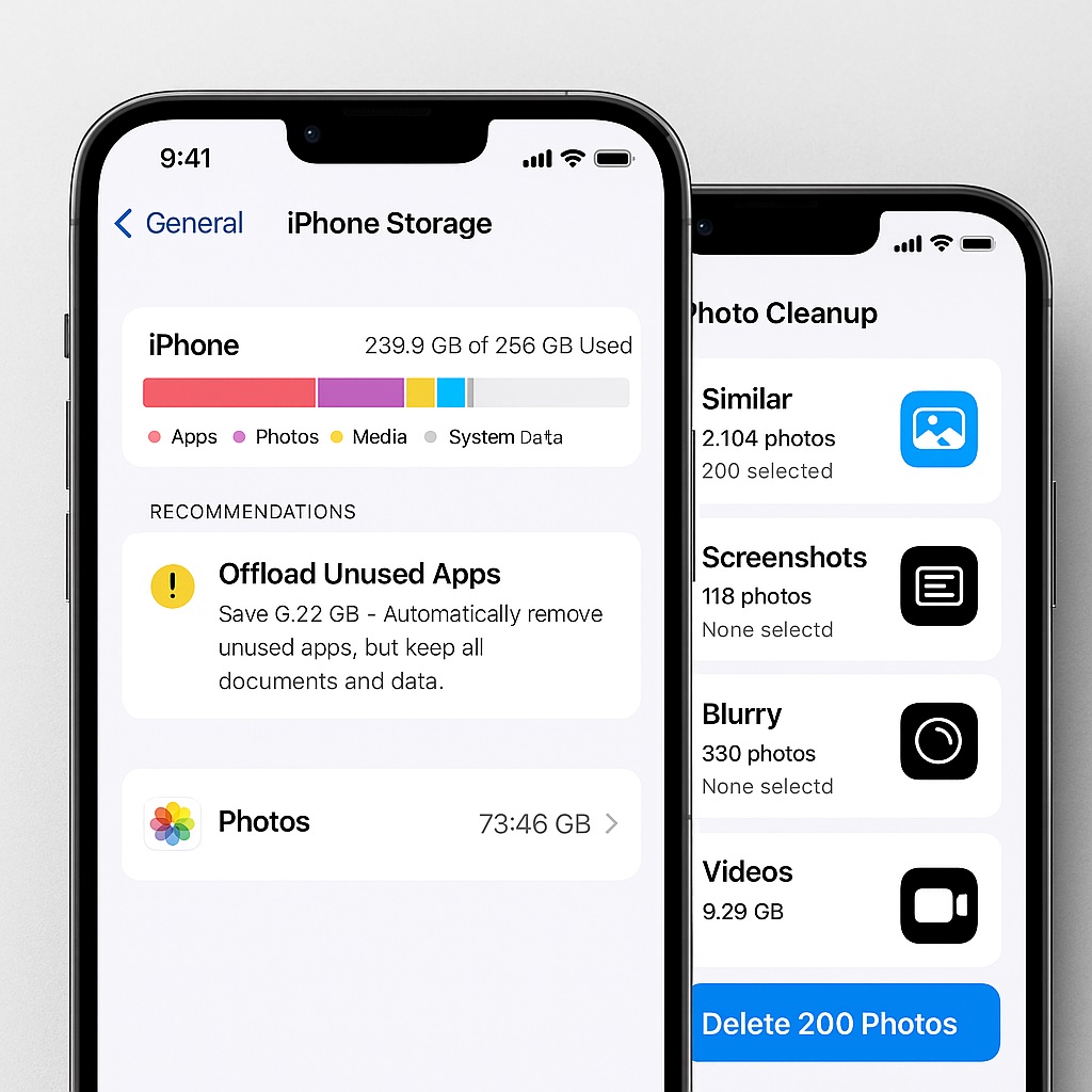 An iPhone showing the iPhone Storage screen and a photo cleanup workflow.