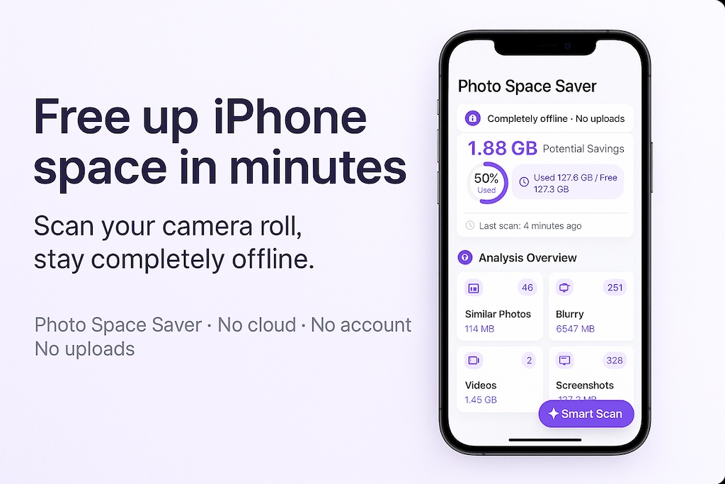 Thumbnail of Photo Space Saver showing storage suggestions on an iPhone.