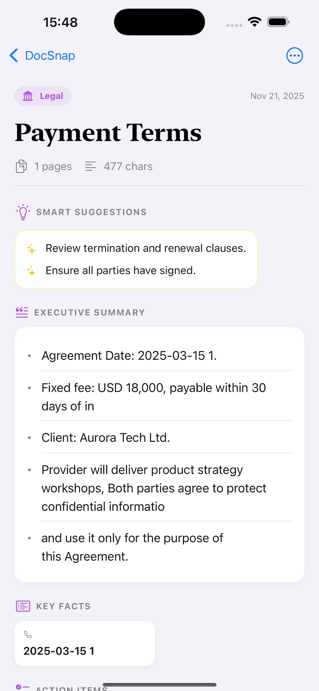 Detail view for a receipt with Finance category and export options
