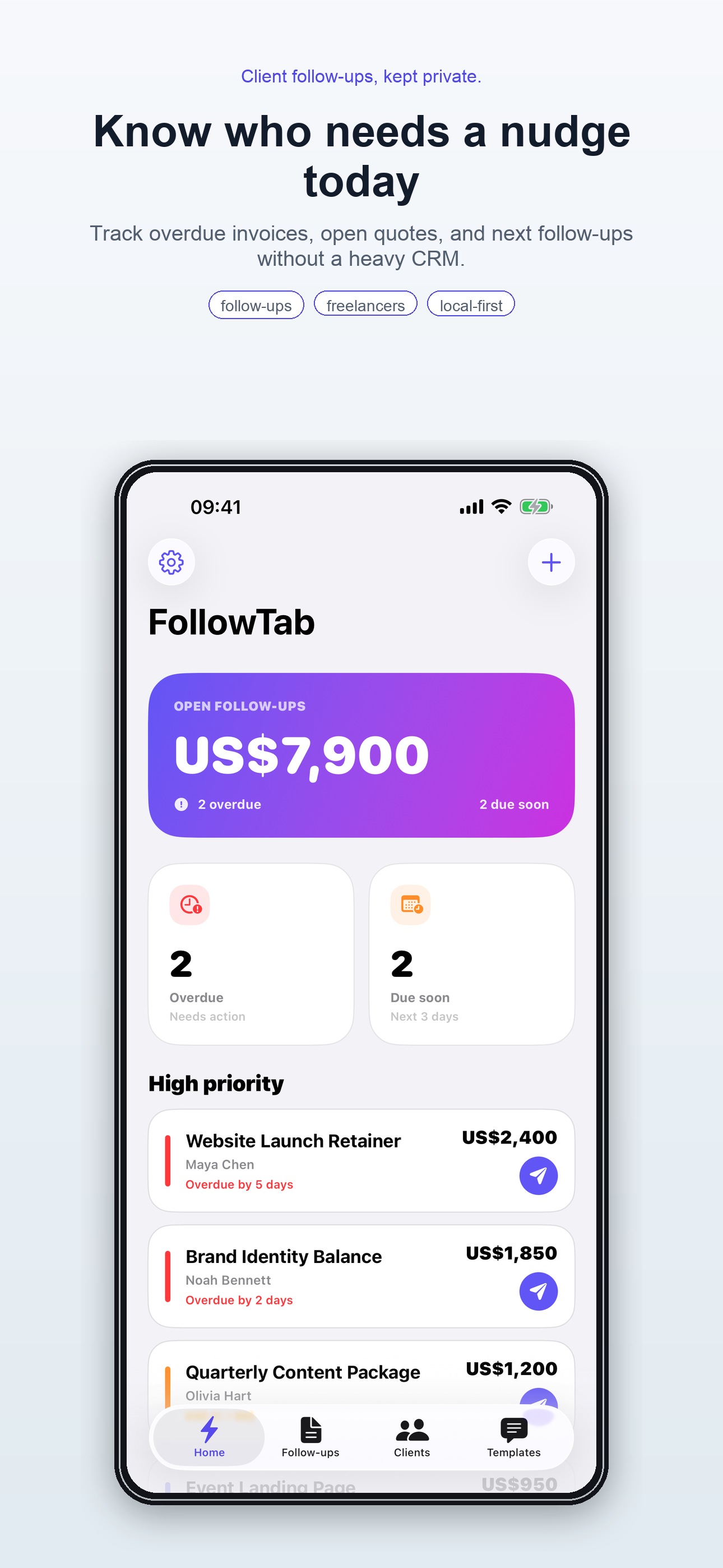 FollowTab dashboard showing client follow-up reminders