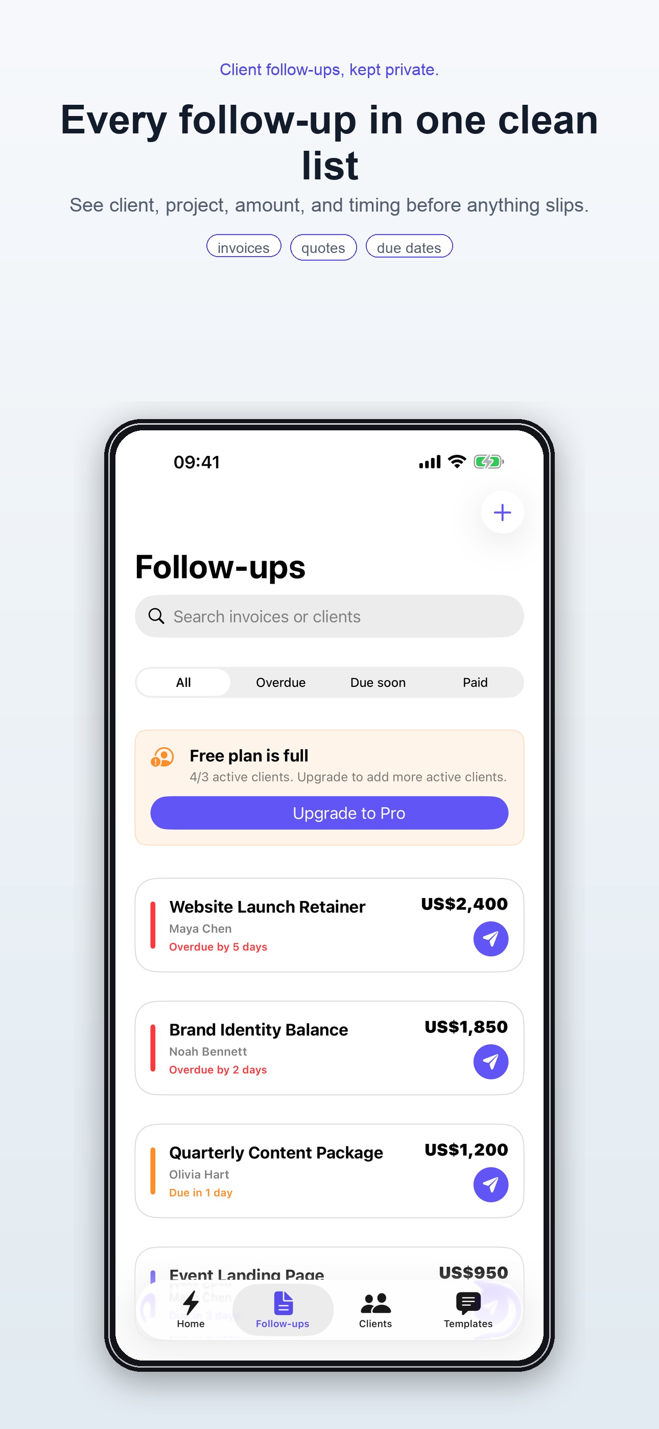 FollowTab follow-up list with client items