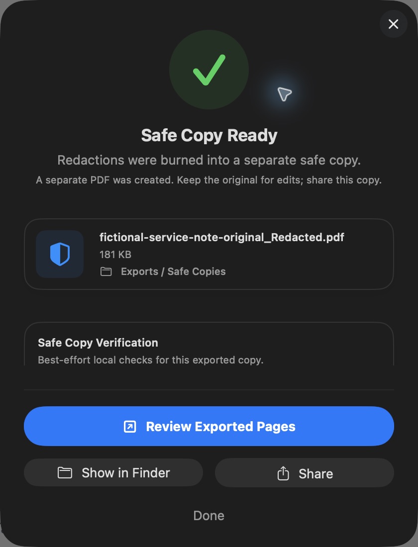 OfflinePDF result screen offering Review Exported Pages for the separate PDF copy