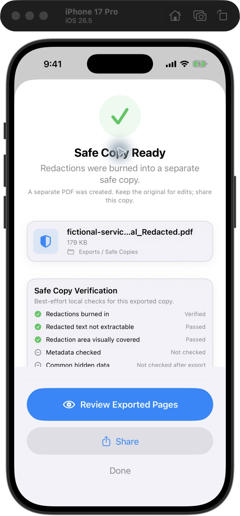 Actual iPhone simulator export result with text and visual checks passed and metadata not checked