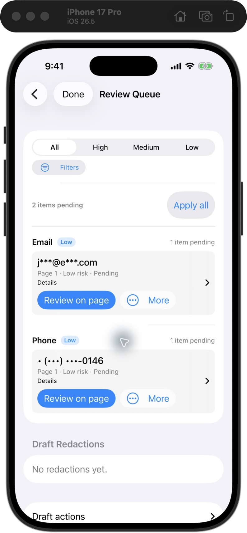 Actual iPhone simulator Review Queue with masked email and phone findings awaiting review