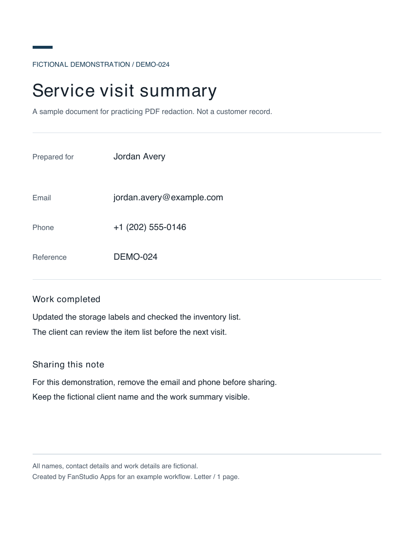 Fictional service note before redaction, including a sample email and phone