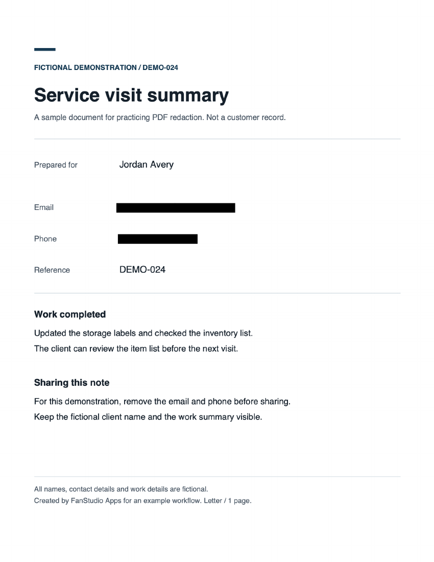Fictional service note with the email and phone covered in the actual exported PDF