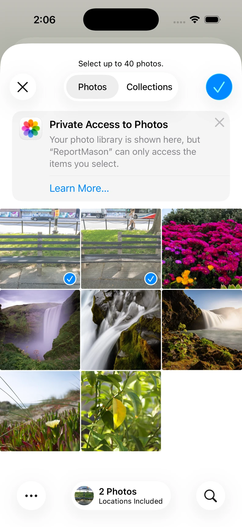 ReportMason system photo picker with the two bench photos selected