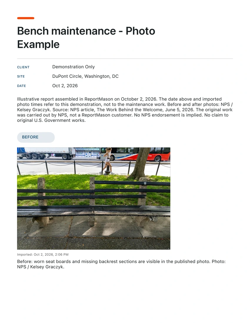 Complete first PDF page: demonstration title, client, site, date, source notes, Before photo and caption