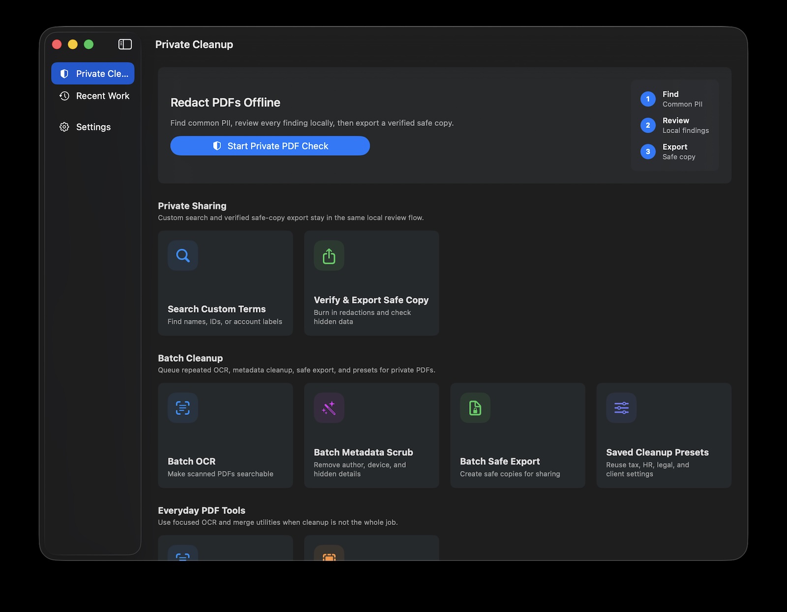OfflinePDF Pro Mac workspace showing local PDF cleanup and Safe Copy workflow