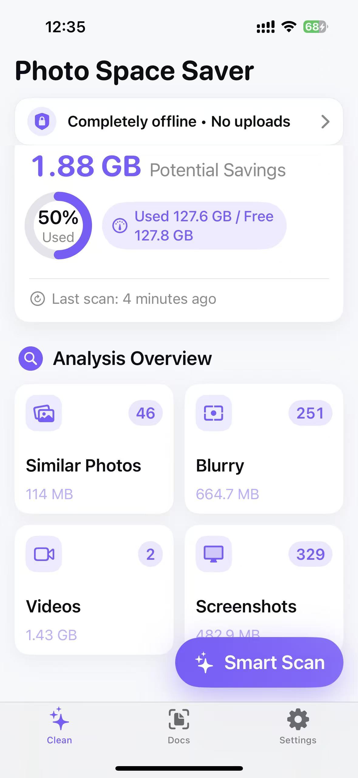 Dashboard showing reclaimable space and categories
